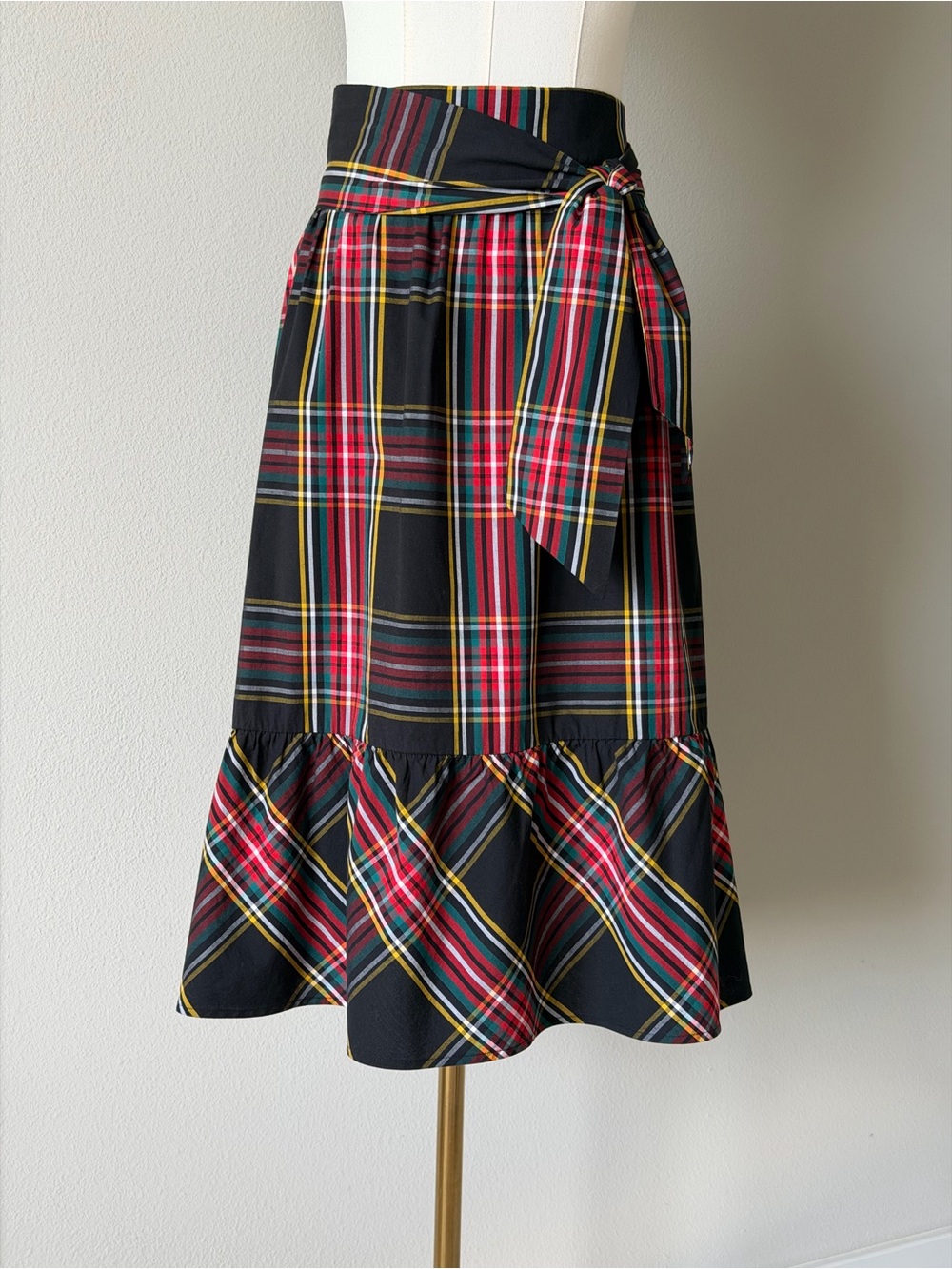 J. Crew Black Big Bow Plaid Midi Skirt With Ruffle Hem - 6/S
